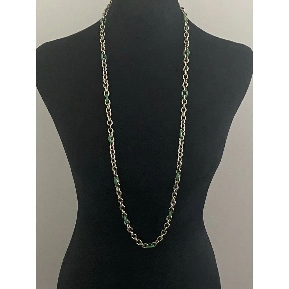 J Crew Green Enamel & Gold-Tone Chain Link Necklace 38"